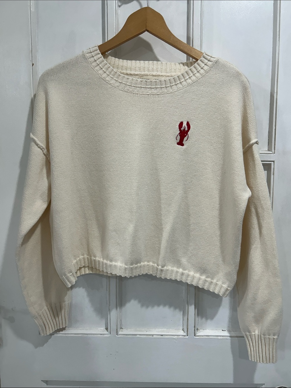 Happily Grey Cotton Blend Embroidered Lobster Crop Pullover Sweater in Cream - M